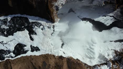 Frozen Skogafoss waterfall with Sk&oacute;g&aacute; River in Iceland, top down view