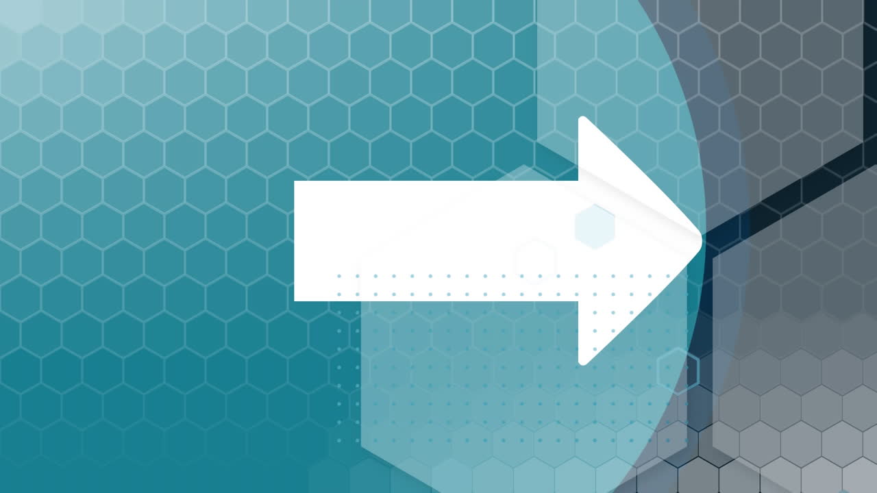 검은색 배경에 여러 육각형과 윤이 있는 색 화살표가 오른쪽으로 가리키는 애니메이션