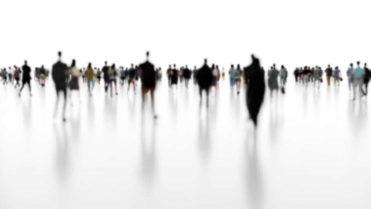 Folla sfocata di persone che camminano su sfondo bianco