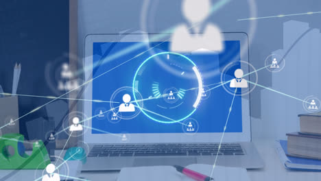 animation of financial data processing and network of connection over laptop in office