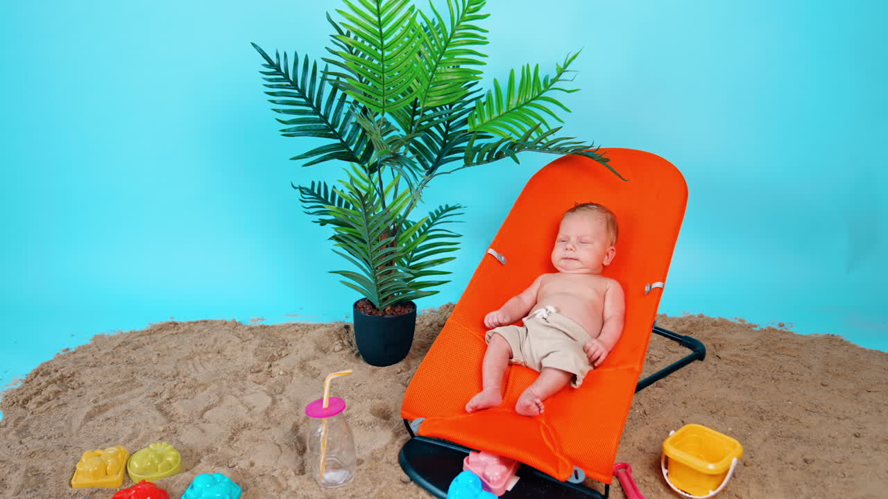 Cute Caucasian infant wearing beige shorts only lies in a baby chair. Little kid starts to cry. Improvised beach vacation concept.