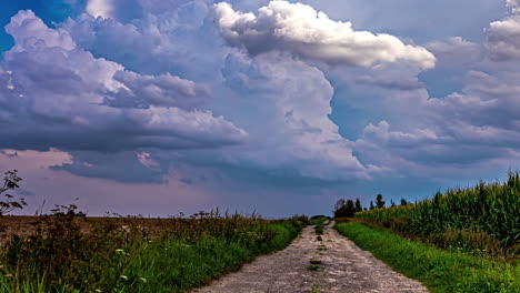 timelapse shot of white clouds passing by over a pathway running alongside the corn farmland surrounded by rural landscape at daytime