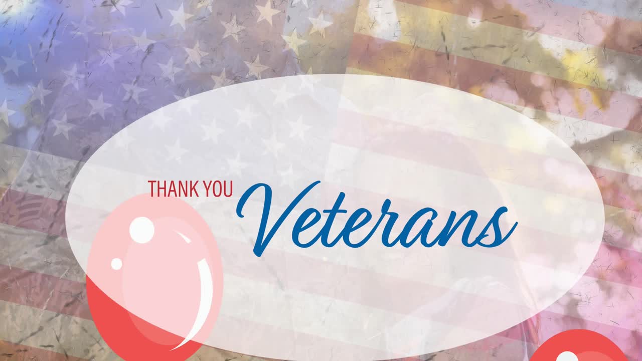 """감사합니다, 참전용사 여러분, 배너와 풍선이 하늘을 날아다니고 있습니다, 딸과 함께 하색 여성 군인."""