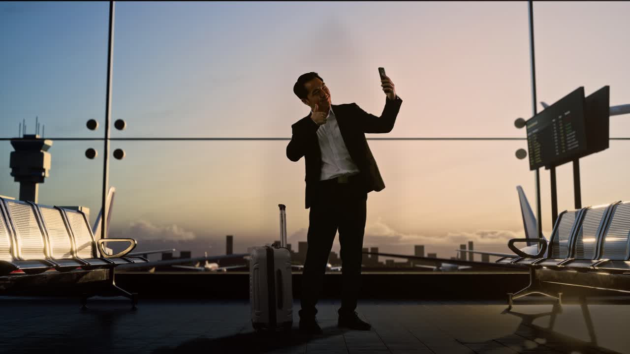 un hombre de negocios tomando una selfie en el aeropuerto.