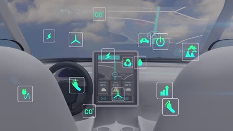 Animación-De-Iconos-De-Procesamiento-De-Datos-Y-Ecología-Sobre-Automóviles-Y-Nubes