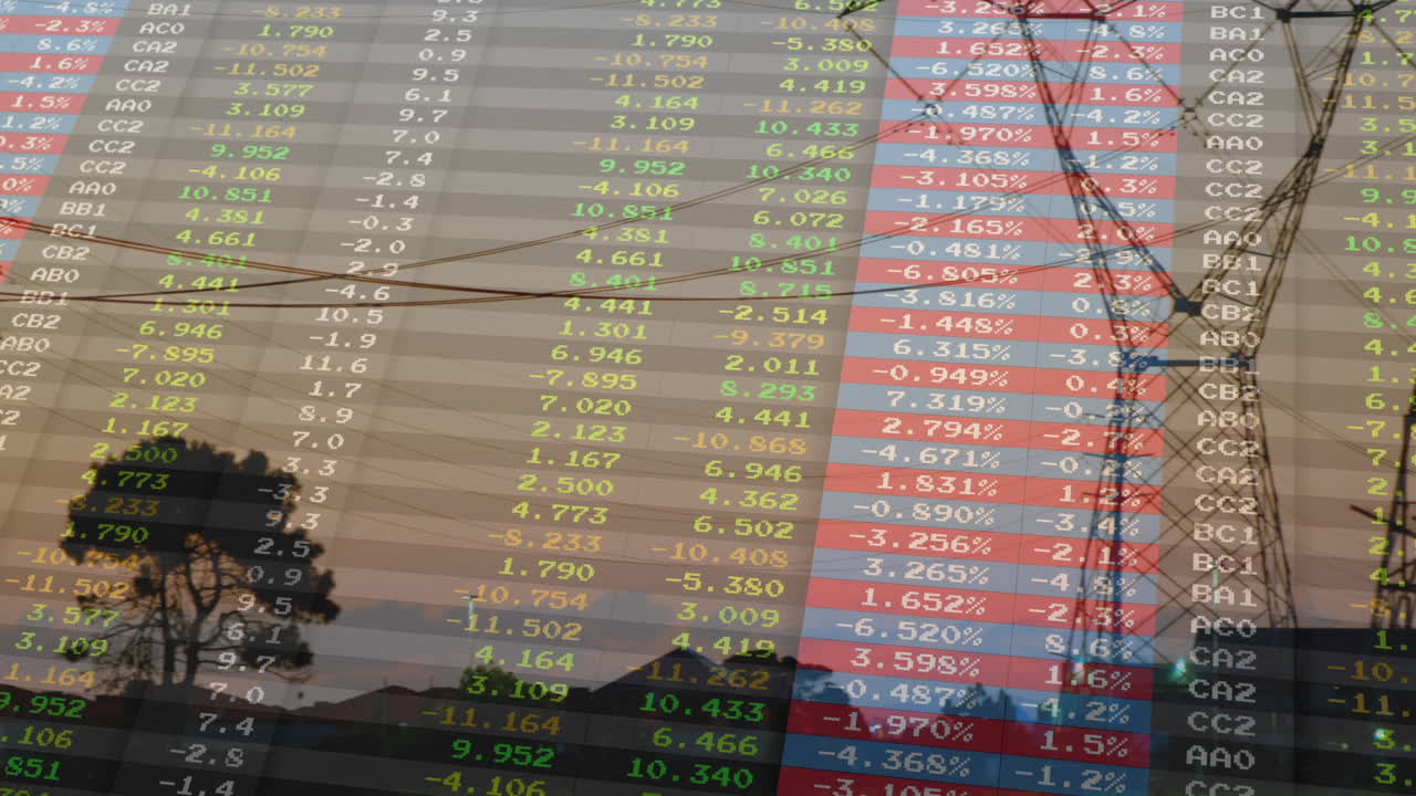 Stock market data overlay showing dusk landscape, with tower silhouette and colored numbers