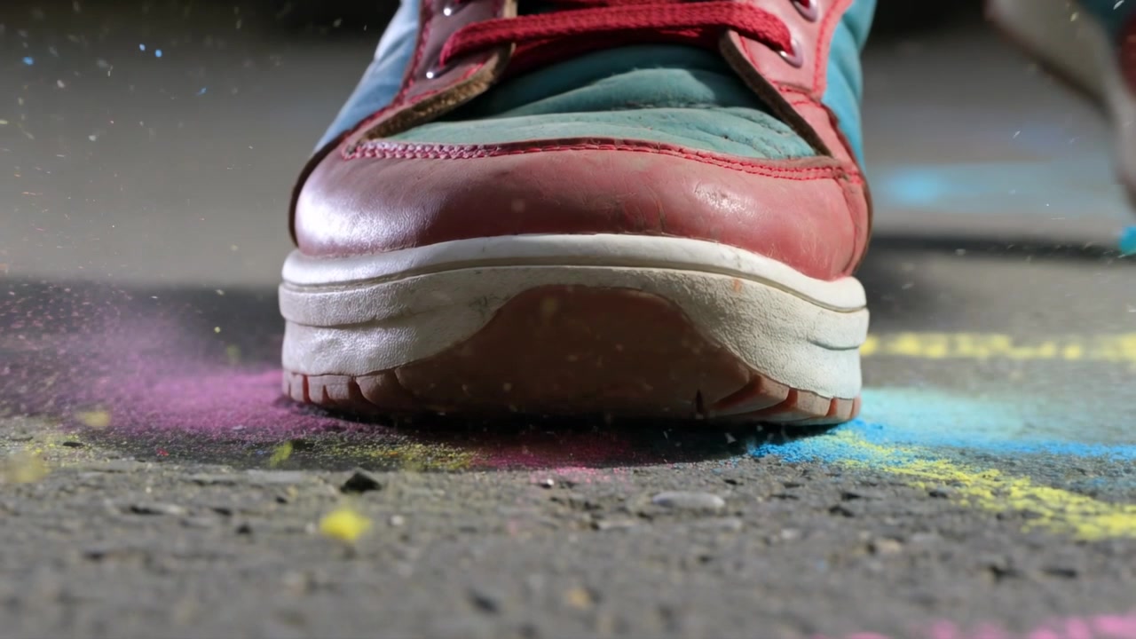Sneaker verde acqua che si abbassa, lacci rossi che premono sul gesso multicolore sull'asfalto, spargendo pigmenti.