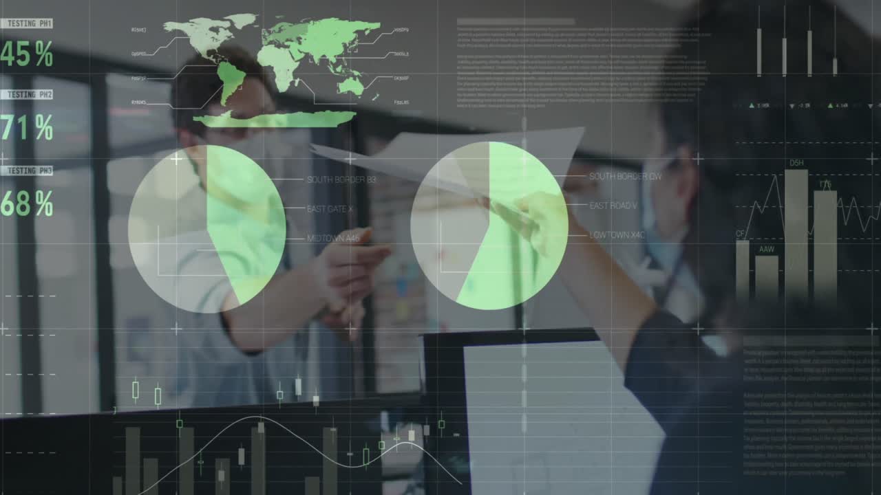 animación del procesamiento de estadísticas sobre personas de negocios que usan máscaras faciales en la oficina