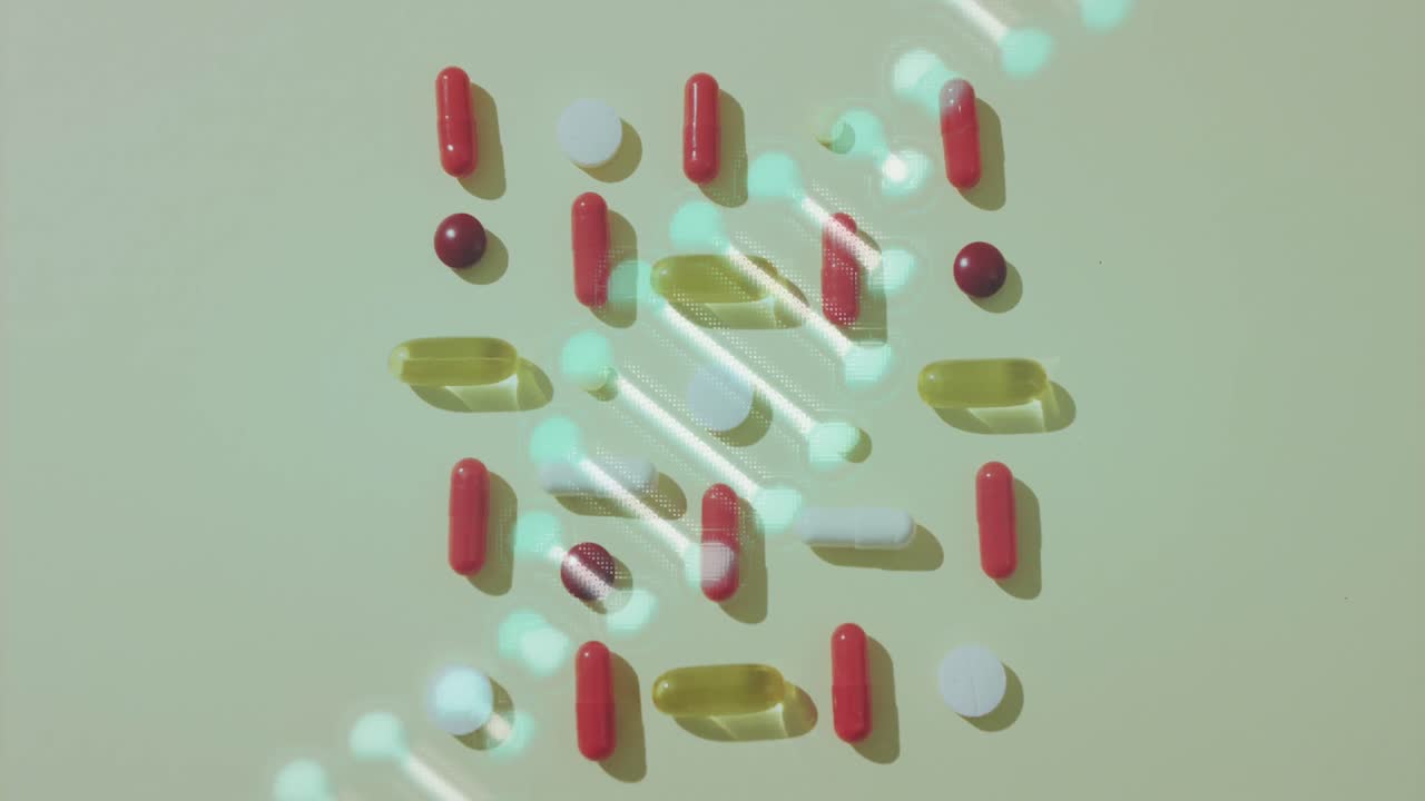 희미한 배경에 배열된 알약과 태블릿 위에 움직이는 dna 가닥의 애니메이션