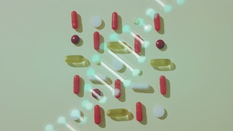 animación de una cadena de adn moviéndose sobre pastillas y comprimidos dispuestos sobre un fondo pálido