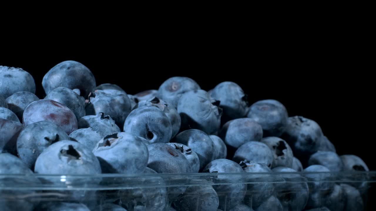 흑색 바탕의 일회용 플라스틱 식품 패키지에 담긴 신선한 블루베리, 클로즈업, 카메라 회전 360도, 보그 빌베리, 북부 빌베리 또는 서부 블루버리 (vaccinium uliginosum)