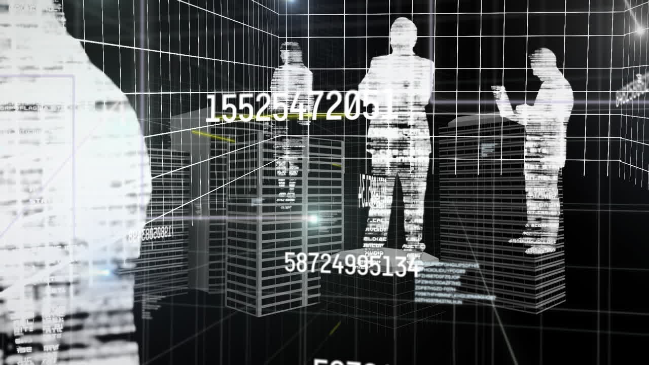 animación de procesamiento de datos y personas digitales sobre la ciudad sobre fondo negro