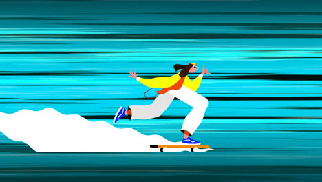 animation einer person, die auf einem skateboard mit blauen lichtspuren fährt, die sich in schneller bewegung bewegen