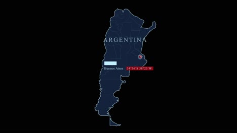 Stylized-Argentina-map-with-capital-city-and-geographic-coordinates-on-black-background