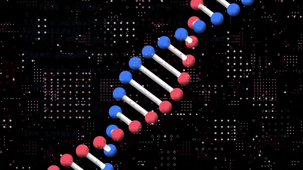 Animation of 3d model dna strand and data processing, on black