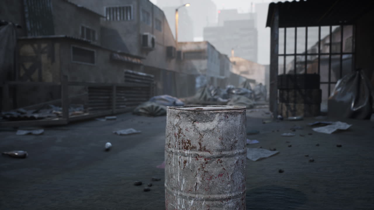 Urban wasteland with abandoned structures and a rusty barrel in daylight