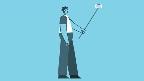 hombre de dibujos animados caminando en bicicleta con palo de selfie y teléfono inteligente. diseño plano animación de bucle aislado de personaje 2d con canal alfa