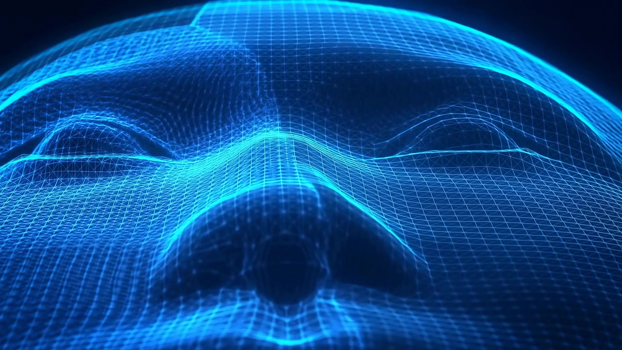 Bright cyan mesh lines move over a dark human face form, gradually revealing symmetrical eyes, nose and curved forehead while layered grid surfaces ripple through the centered composition.