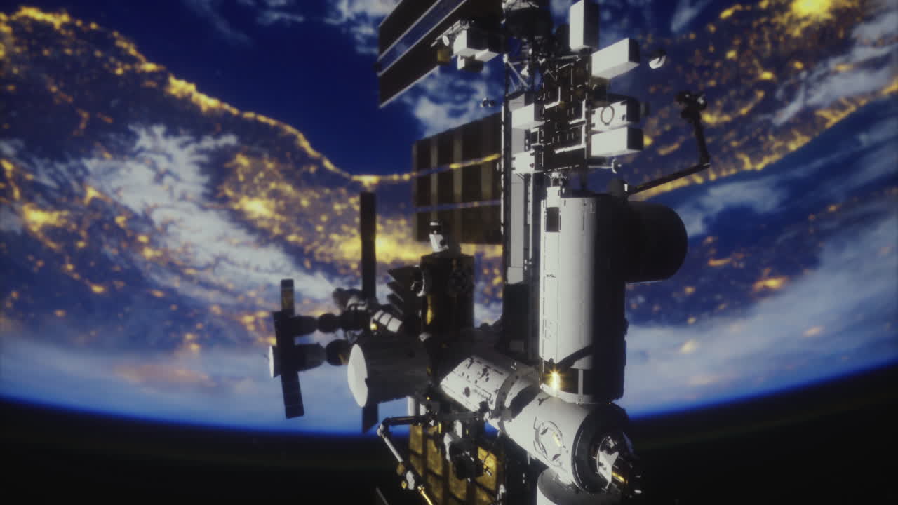 International space station orbits earth showcasing city lights at night