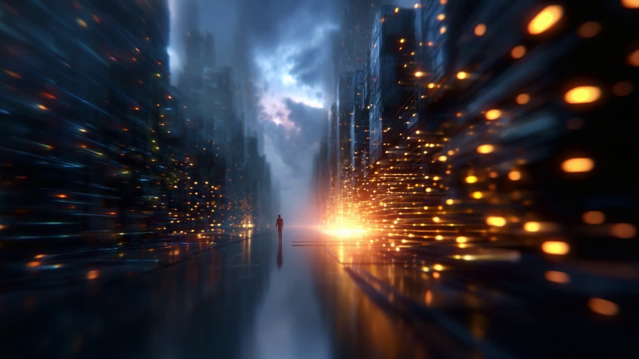 A solitary figure stands at the end of a shimmering futuristic corridor, surrounded by glowing lights and reflections in a dark, moody atmosphere of urban abstraction