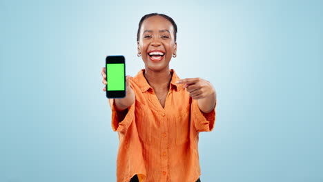 Face,-woman-and-advertising-green-screen-of-phone