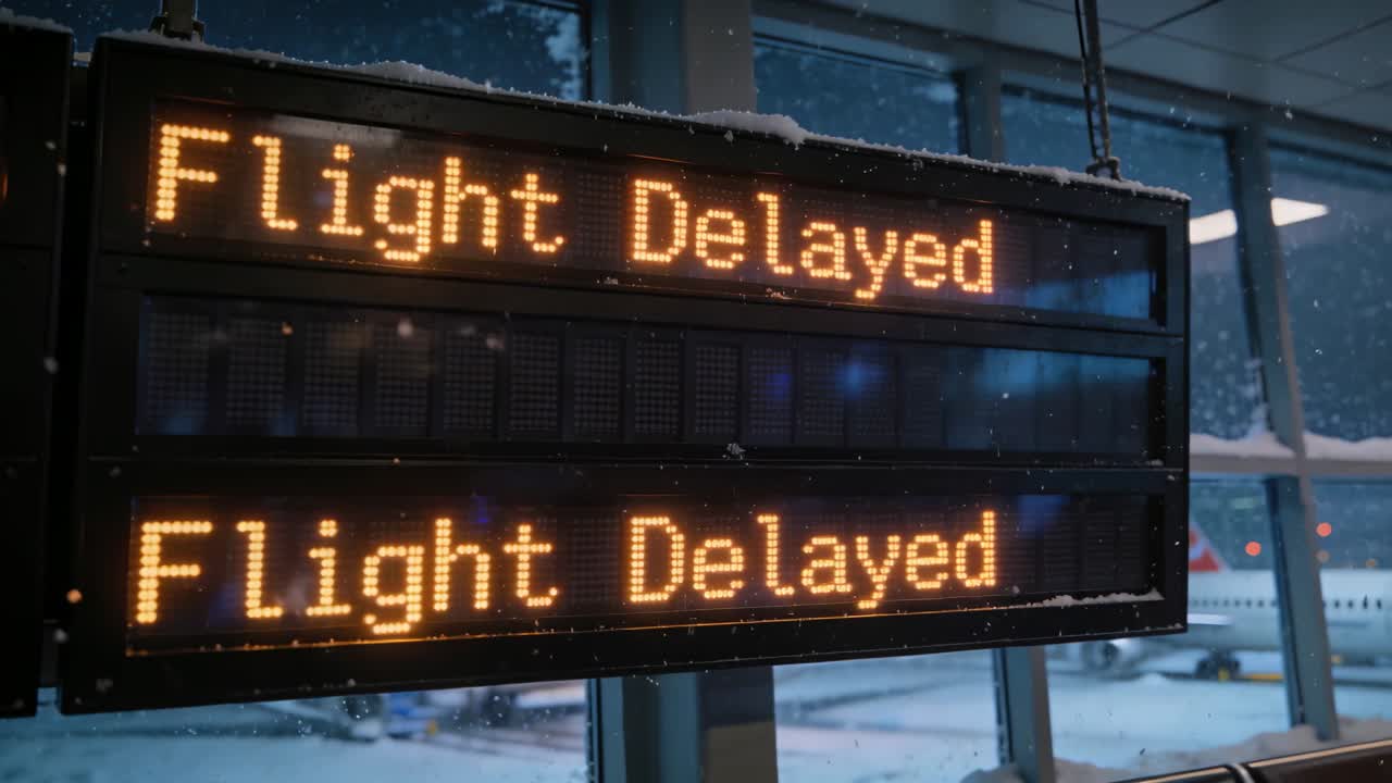 LED-skilt viser 'Flyforsinket', lufthavnssnefald forårsager ophobning på skiltet og frit udsyn til jetflyet.