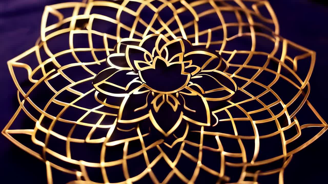 Spostamento della camera che rivela una filigrana dorata mandala su tessuto viola scuro, evidenziando i riflessi