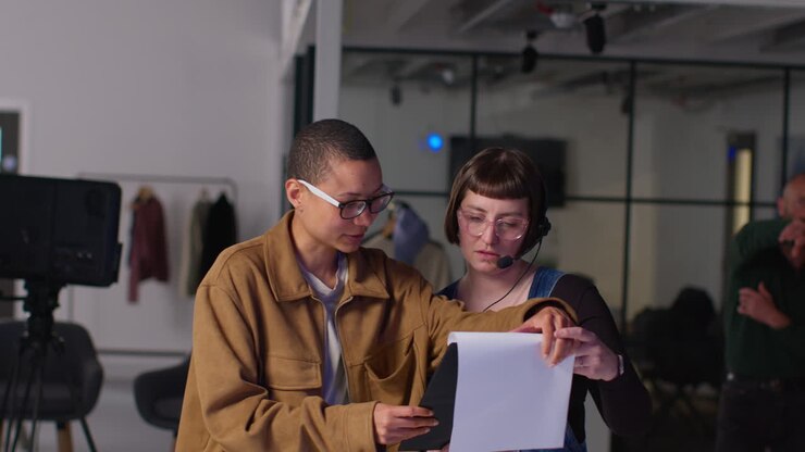 Two women in an office setting discussing a document