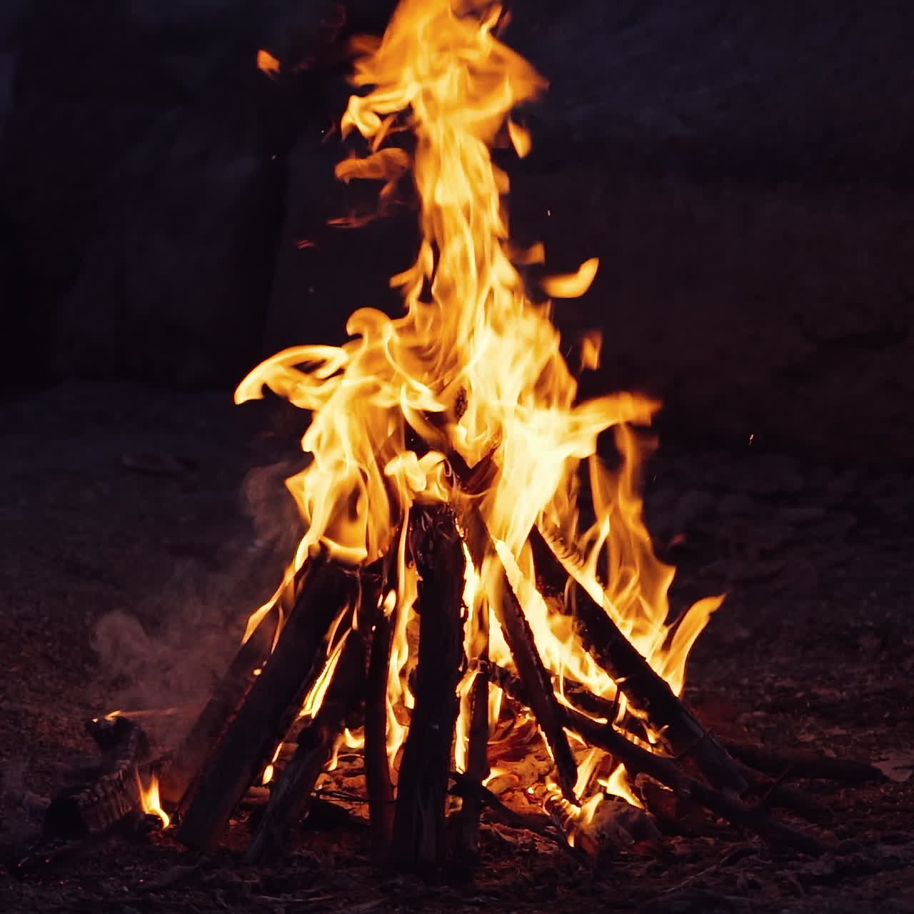 Big bonfire fire on nature background. Beautiful fire burns brightly. Slow motion