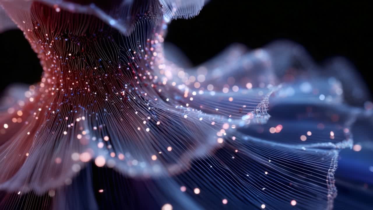 A Mesmerizing Digital Dance: Exploring the Fluid Elegance of Light and Form through an Abstract Visualization of Flowing Fibers and Sparkling Particles in Motion