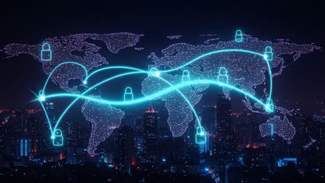 a global perspective on cybersecurity: an illustration of secured connections across a digital world with encrypted lock symbols highlighting safe data transmission