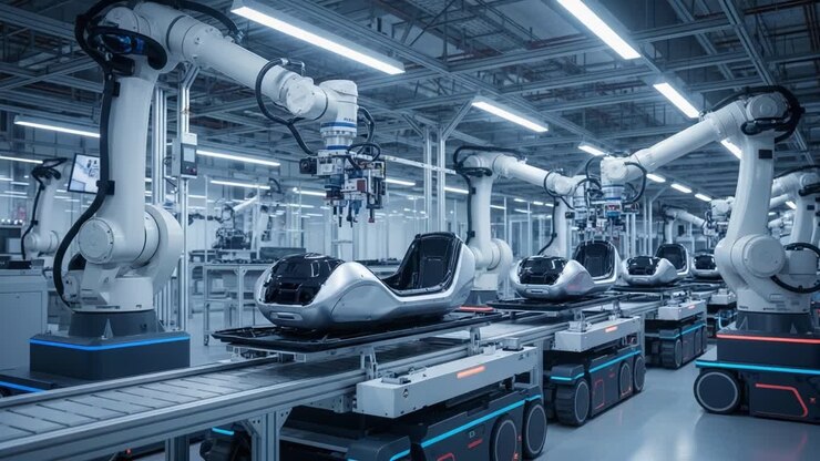 Advanced Automation in Manufacturing: Showcasing Robotic Arms and Smart Vehicles on Production Line in High-Tech Factory Environment