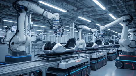 advanced automation in manufacturing: showcasing robotic arms and smart vehicles on production line in high-tech factory environment
