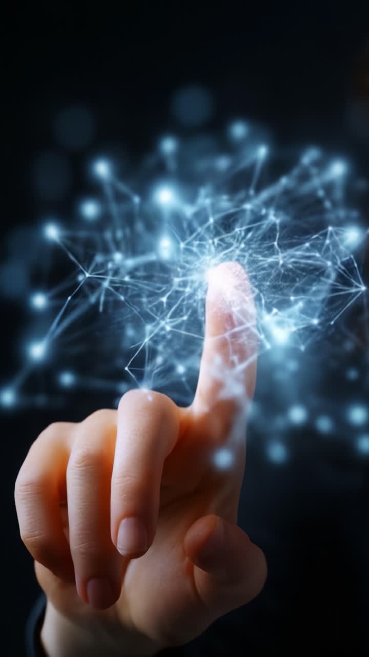 Um dedo humano toca uma rede brilhante de conexões digitais, simbolizando tecnologia e inovação com foco em conectividade e interação