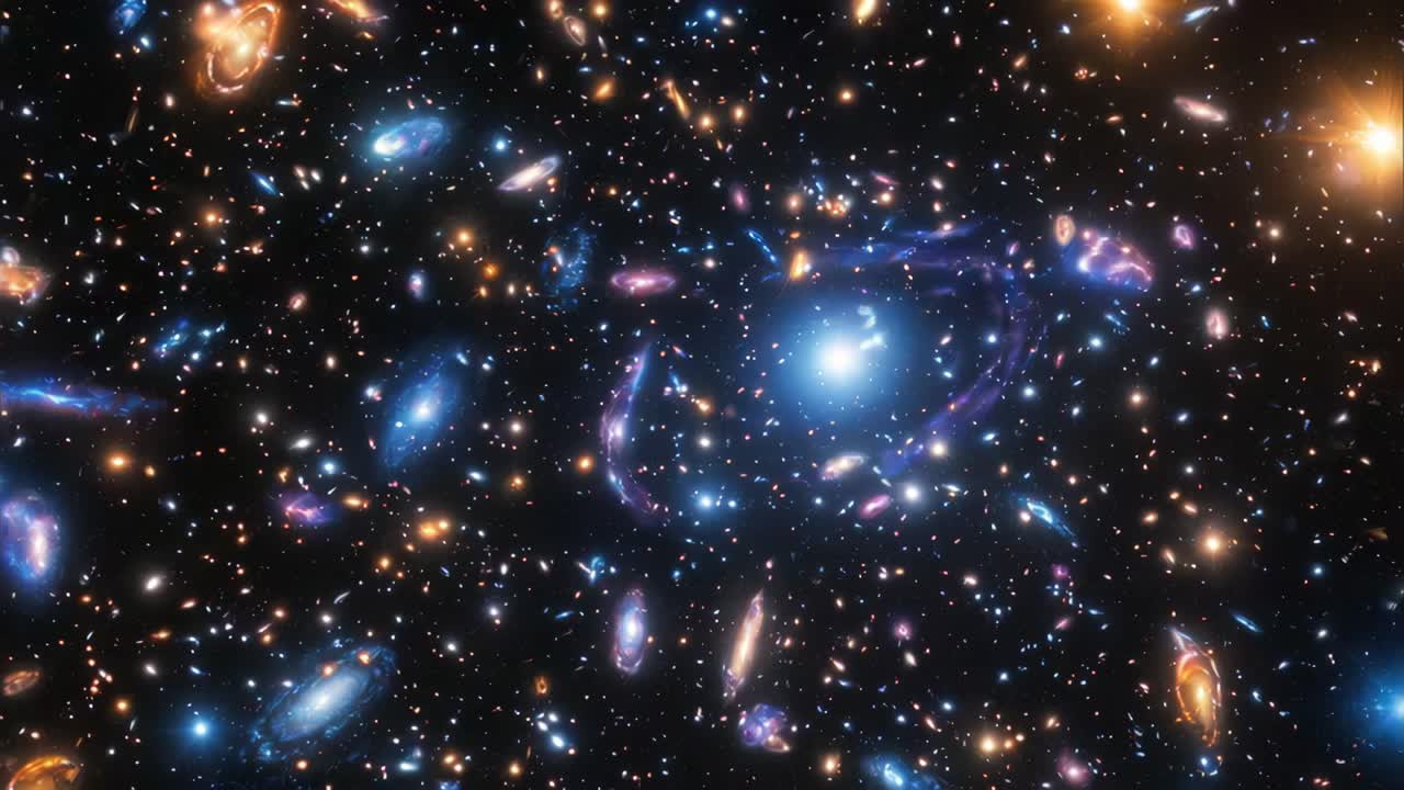 A mesmerizing video still of a galaxy cluster, captured from a wide-angle perspective