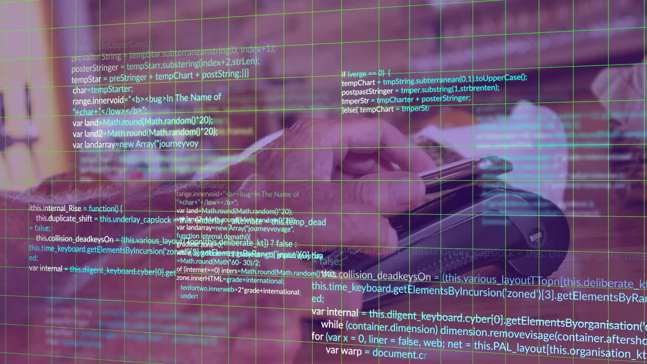 escribir en el teclado, manos sobre la animación de código de programación con superposición de cuadrícula