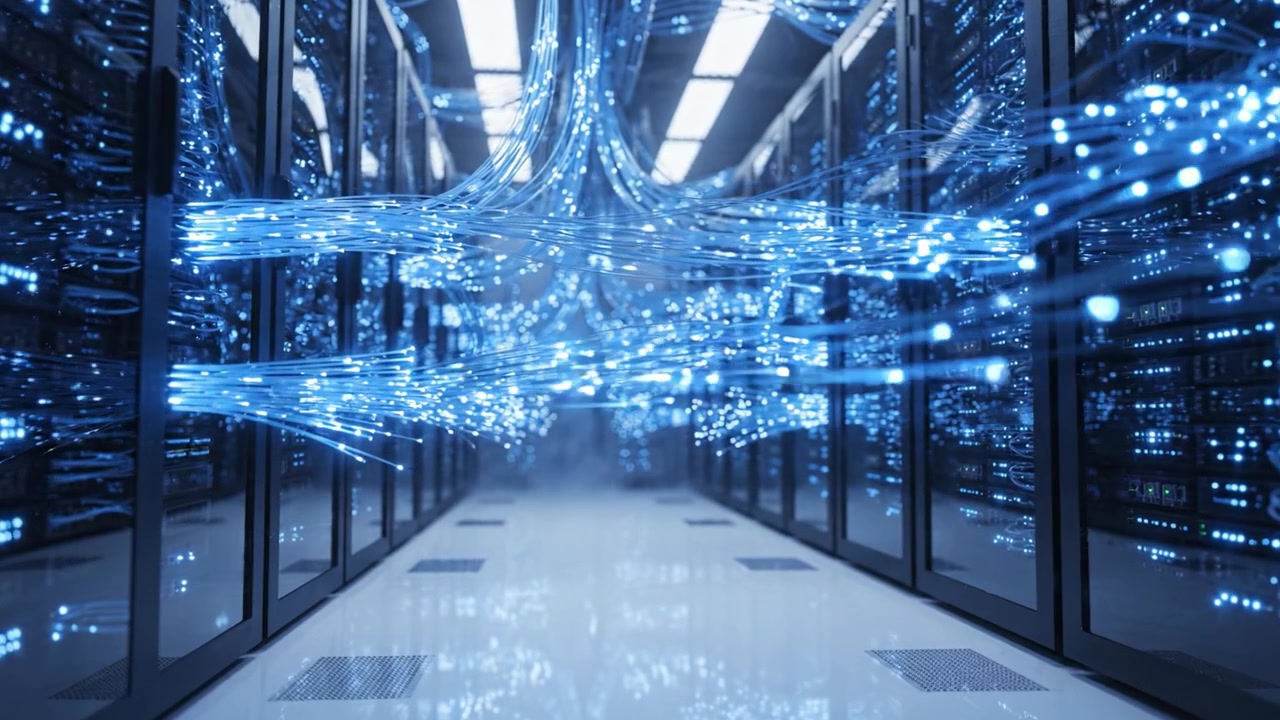 A Stunning Visual Journey Through a High-Tech Data Center Featuring Ethereal Blue Light Connections and Rows of Advanced Server Racks