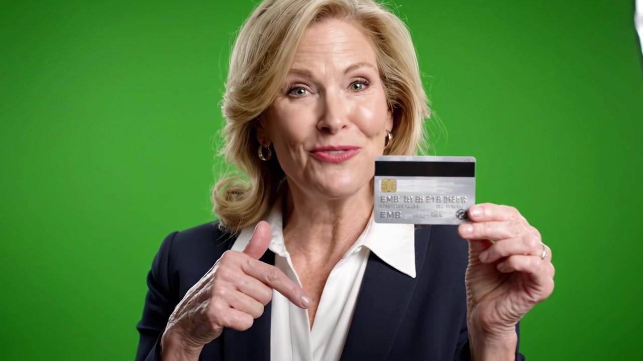 Donna allegra che tiene una carta di credito su uno sfondo verde vibrante mentre sorride, dimostrando entusiasmo per i servizi finanziari in un coinvolgente contenuto video.