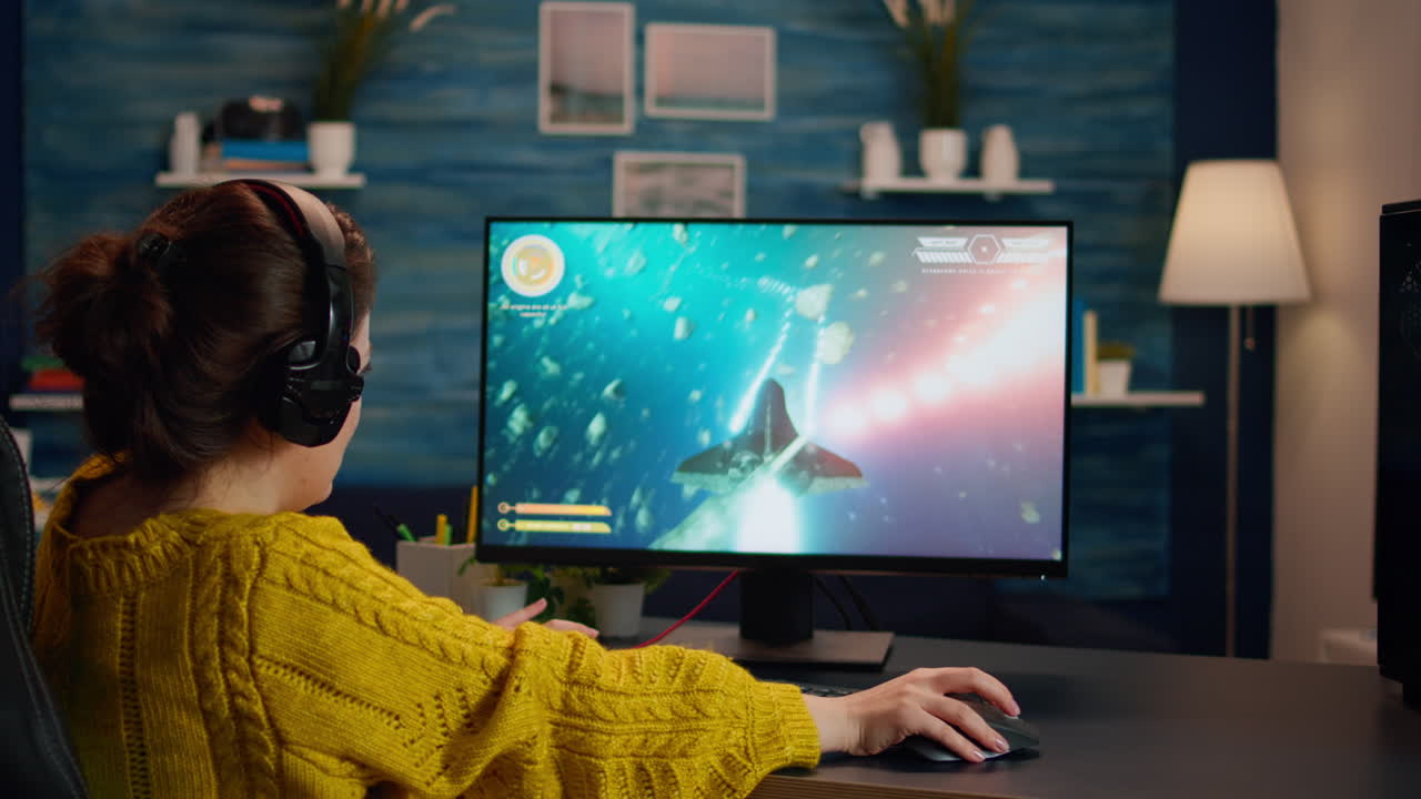 Esport of pro gamer wearing headset playing video game