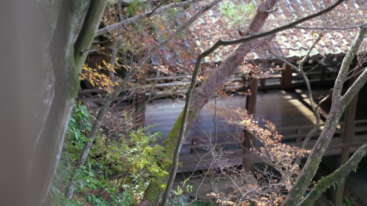 View of a wooden bridge at Eikandō Temple at sunset. Kyoto, Japan. Winter