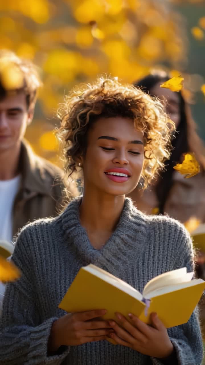 Una scena accattivante di una donna felice che legge in un paesaggio dorato, circondata da amici, con foglie autunnali che fluttuano nell'aria, che incarna calore e connessione