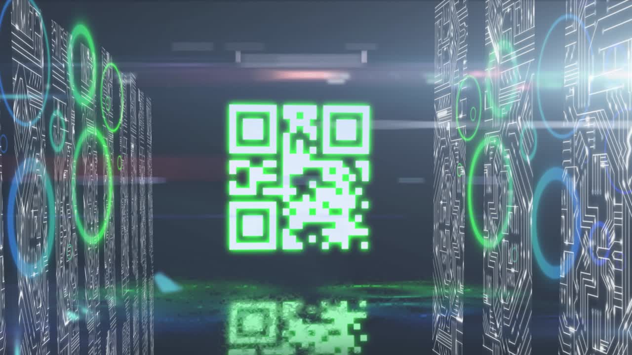 QR code scanner with neon elements against screen of microprocessor connections