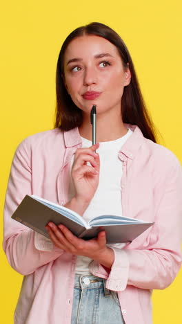 woman thoughtfully flipping notebook pages suddenly starts writing idea inspiration creative plan