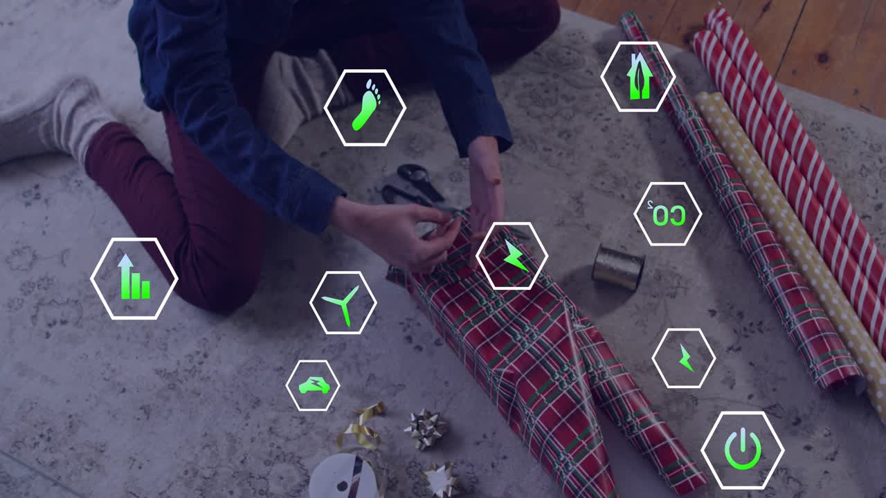 Woman pulling plaid paper trimming edges, folding gift packaging while eco metrics icons overlaying