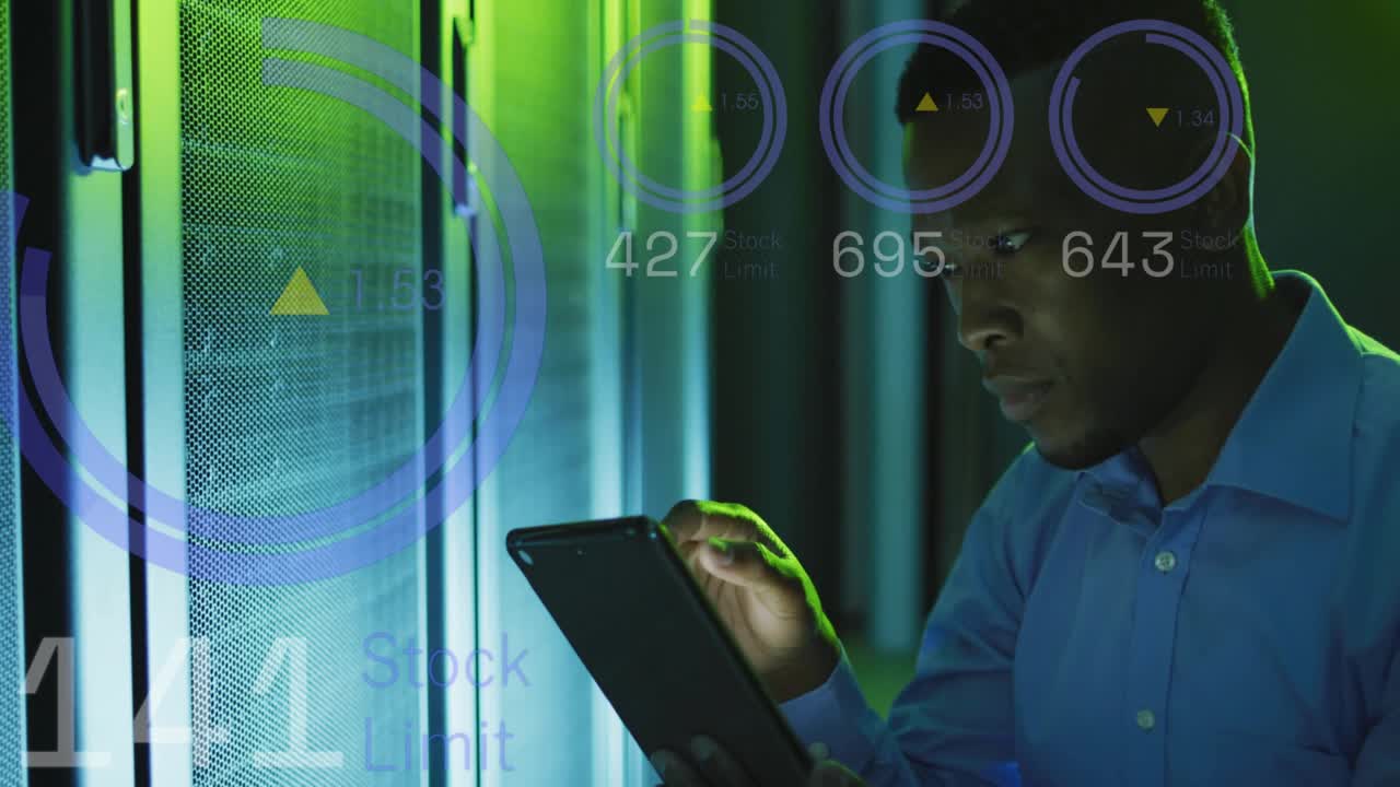 IT technician tapping tablet and scanning servers while HUD readouts updating for system checks
