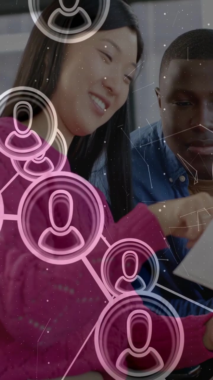 Vertical video: Team flipping doc, animated user icons sweeping over tablet, showing business links