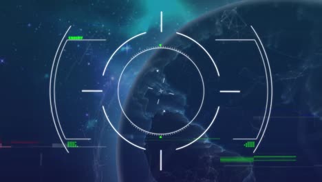 animación del procesamiento de datos y globo sobre fondo azul