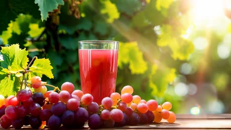 un vaso de vino rojo y un ramo de uvas en una mesa de madera