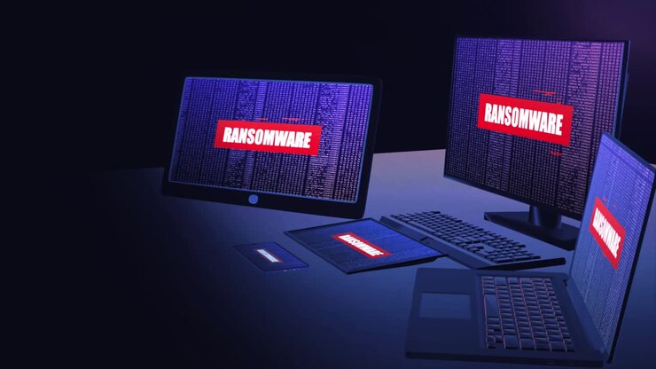 Ransomware tekst med digital støj glitch effekt på tv-skærm. Loop baggrund.