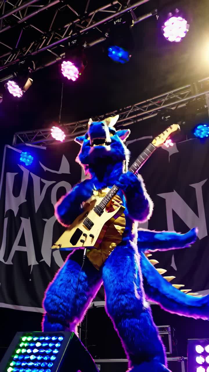 Blue dragon mascot wearing a gold vest plays an electric guitar on stage, captivating the audience during a live concert filled with vibrant, colorful lights and energetic performance